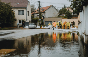 flooded street with homes