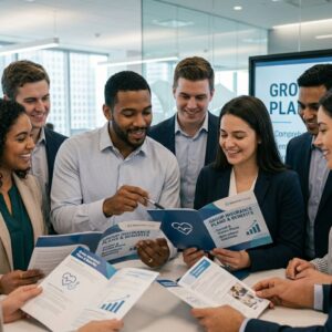 Group of employees looking over group insurance